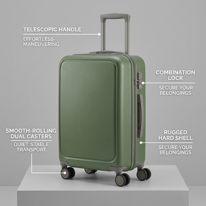 Feature graphic of the green Bugatti Birmingham carry-on showing the handle, lock, and wheels.