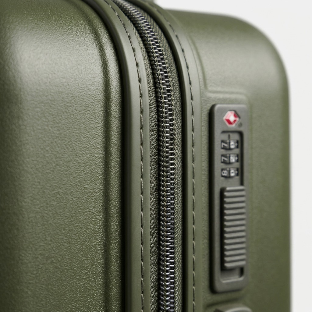 Close-up of the Bugatti Birmingham green hardshell carry-on, showing the zipper and TSA lock.