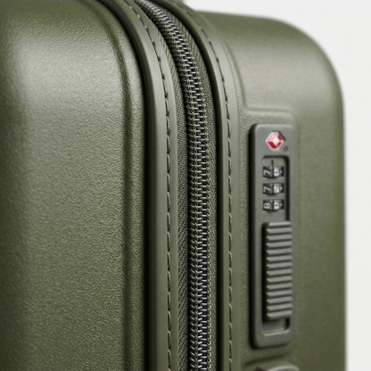 Close-up of the Bugatti Birmingham green hardshell carry-on, showing the zipper and TSA lock.