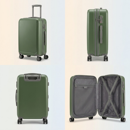 Matrix of the green Bugatti Birmingham Carry-On showing front, side, back, and open interior views.