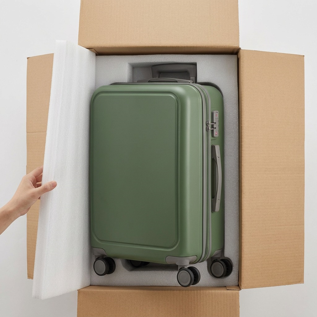 A green Bugatti Birmingham carry-on luggage nested in protective foam inside a shipping box.