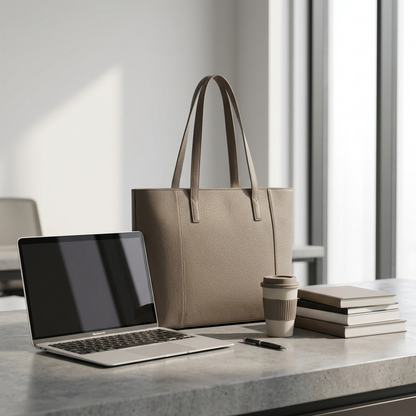 A taupe Bugatti vegan leather tote bag sits on a desk next to a laptop and books for scale.