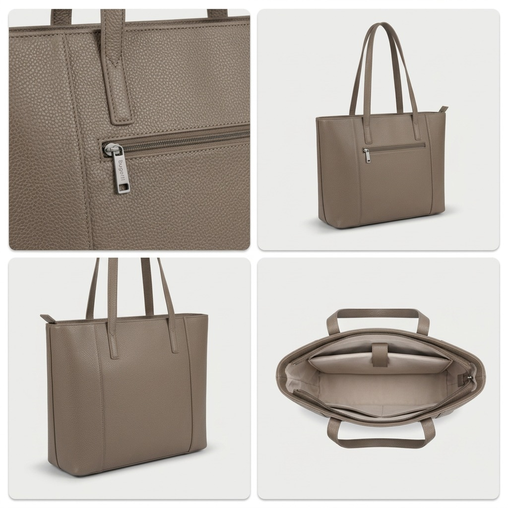 Four-view matrix of the Bugatti Taupe Tote showing exterior texture, full profile, and interior laptop organizer.