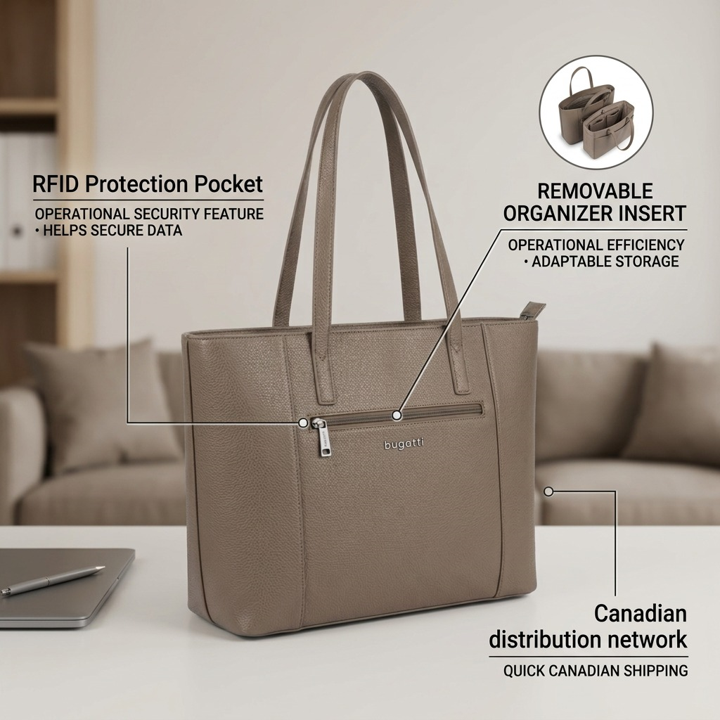Taupe Bugatti vegan leather tote with callouts for RFID pocket and removable laptop organizer.