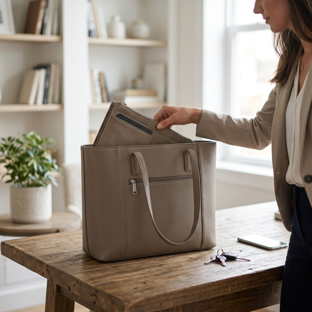 Woman placing a removable laptop organizer into a taupe Bugatti vegan leather tote bag on a table.