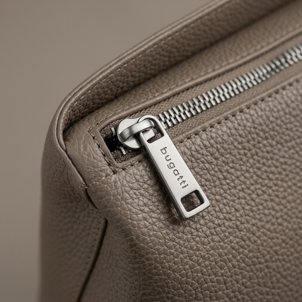 Macro detail of a Bugatti Taupe Tote Bag showing the textured vegan leather and metal zipper pull.