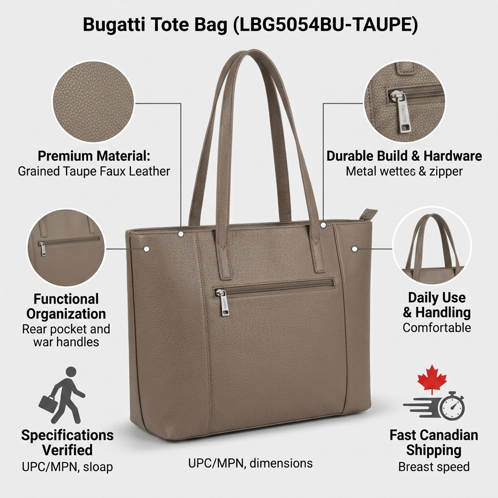 Infographic for Bugatti Taupe Tote Bag highlighting faux leather, metal hardware, and fast shipping.