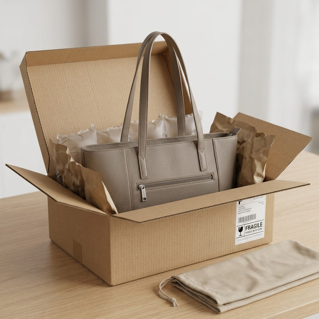Bugatti Taupe Tote Bag inside a shipping box with protective air cushions and a fabric dust bag.