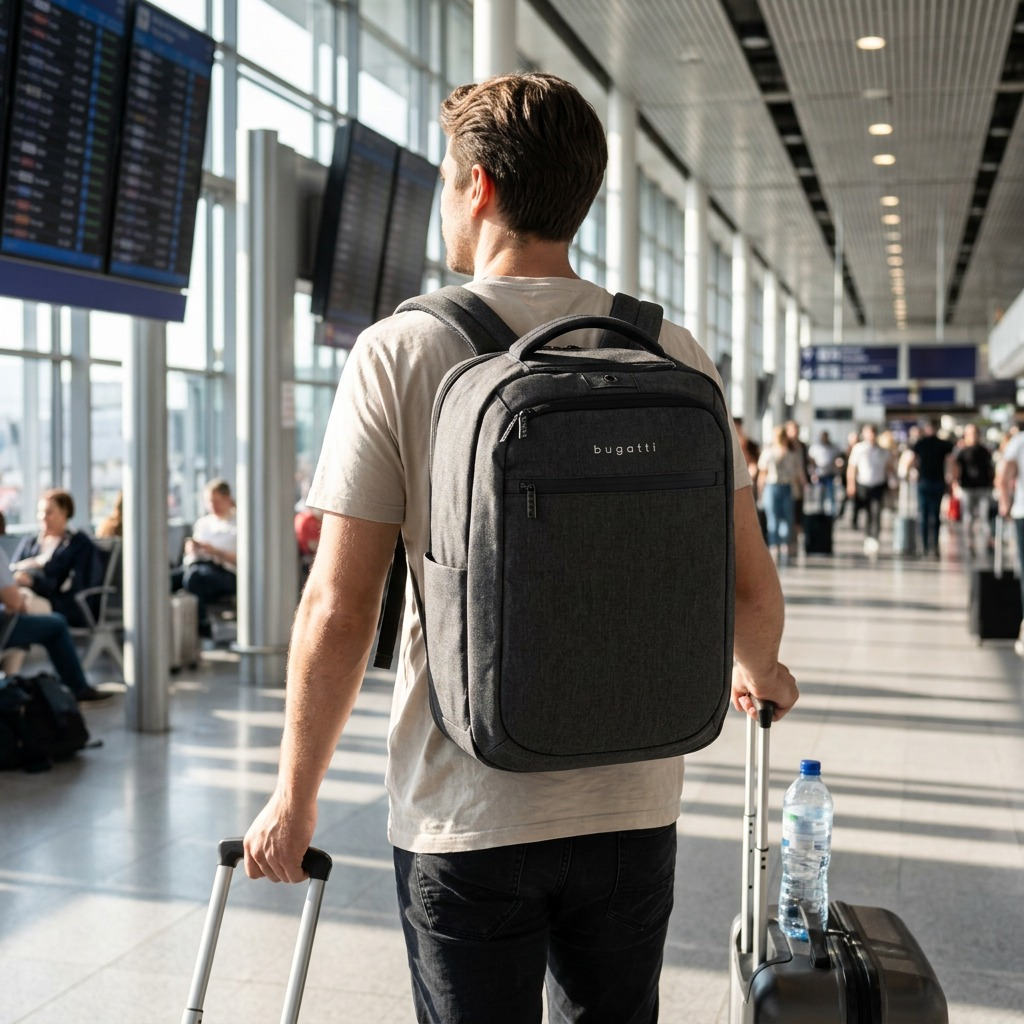 A person wearing a Bugatti Traveller charcoal laptop backpack while walking through an airport.