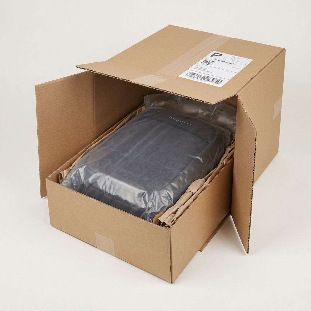 A charcoal Bugatti Traveller laptop backpack securely packed in a shipping box with air pillows.