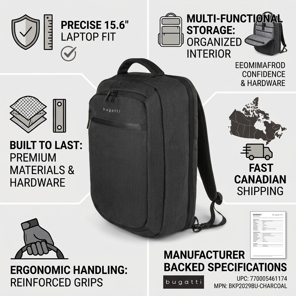 Bugatti Traveller charcoal backpack infographic highlighting 15.6 inch laptop fit and fast shipping.