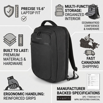 Bugatti Traveller charcoal backpack infographic highlighting 15.6 inch laptop fit and fast shipping.