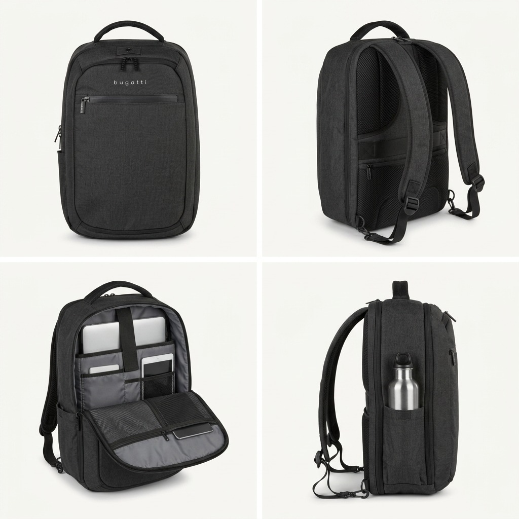 Four-way view of the Bugatti Traveller 15.6 inch charcoal grey backpack showing front, back, side water bottle pocket, and organized laptop interior.