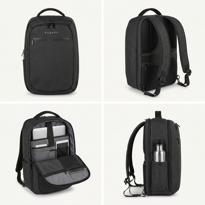 Four-way view of the Bugatti Traveller 15.6 inch charcoal grey backpack showing front, back, side water bottle pocket, and organized laptop interior.