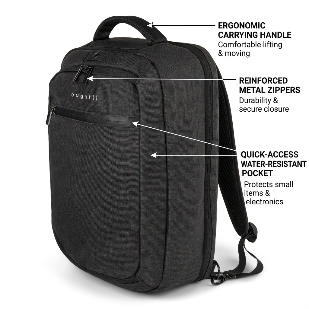 Bugatti Traveller laptop backpack in charcoal grey showing handle, zippers, and water-resistant pocket.