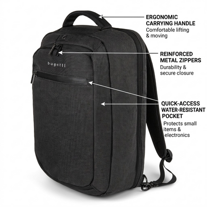 Bugatti Traveller laptop backpack in charcoal grey showing handle, zippers, and water-resistant pocket.