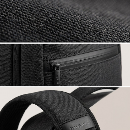 Macro detail of Bugatti Traveller backpack showing textured grey fabric, water-resistant zipper, and padded strap.