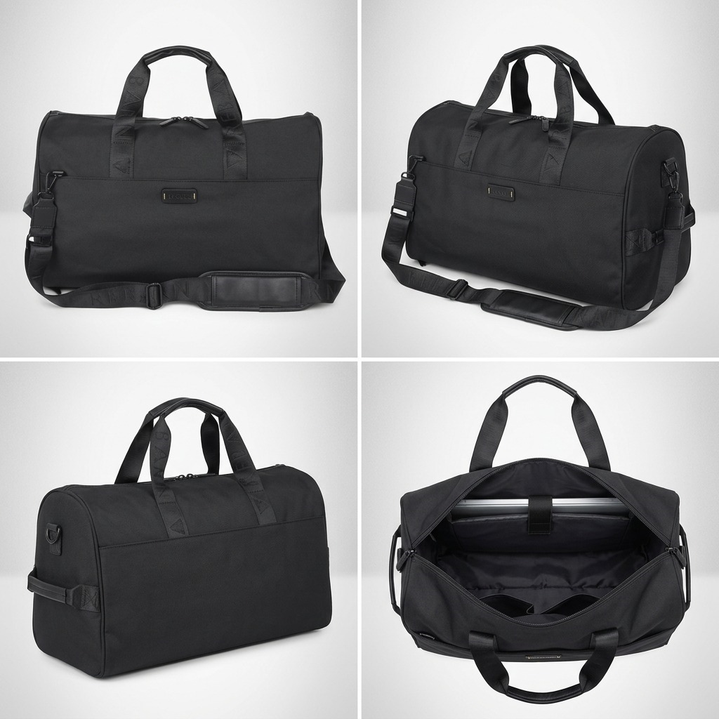 Four-panel view of the black Bugatti Reborn Duffle Bag showing front, side, and open interior views.