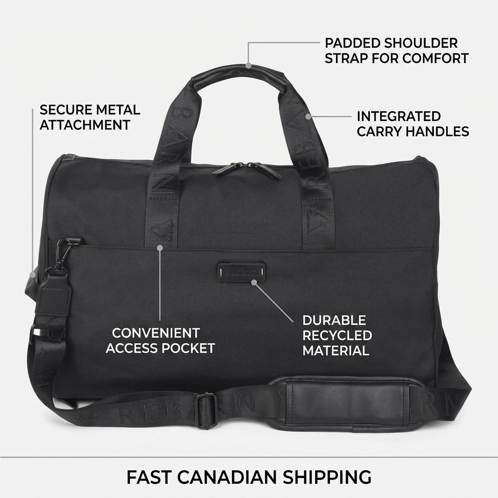 Bugatti Reborn black duffle bag featuring padded shoulder straps, metal attachments, and recycled fabric.