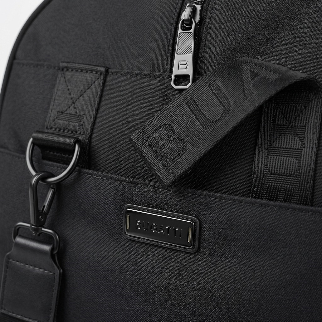 Macro detail of the Bugatti Reborn duffle bag's black RPET fabric, metal zipper, and logo hardware.