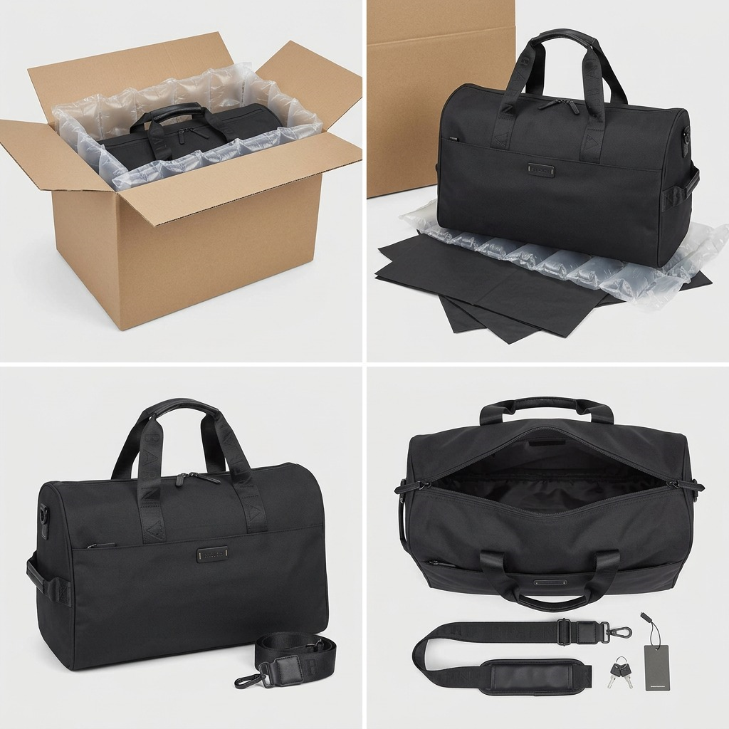A Bugatti Reborn black duffle bag shown in shipping packaging with protective air cushions.