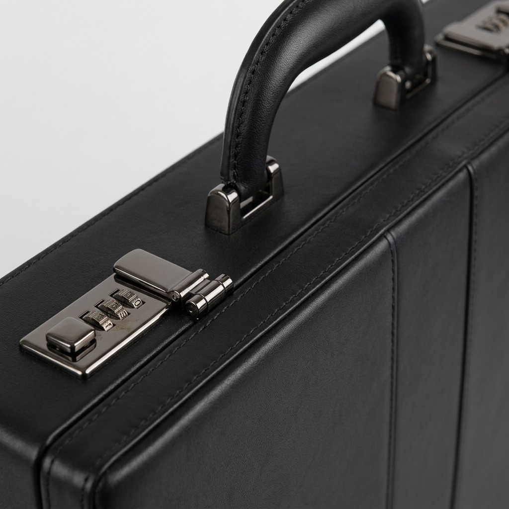 Macro detail of Bugatti Jeffrey attaché case showing black vegan leather, handle, and secure lock.