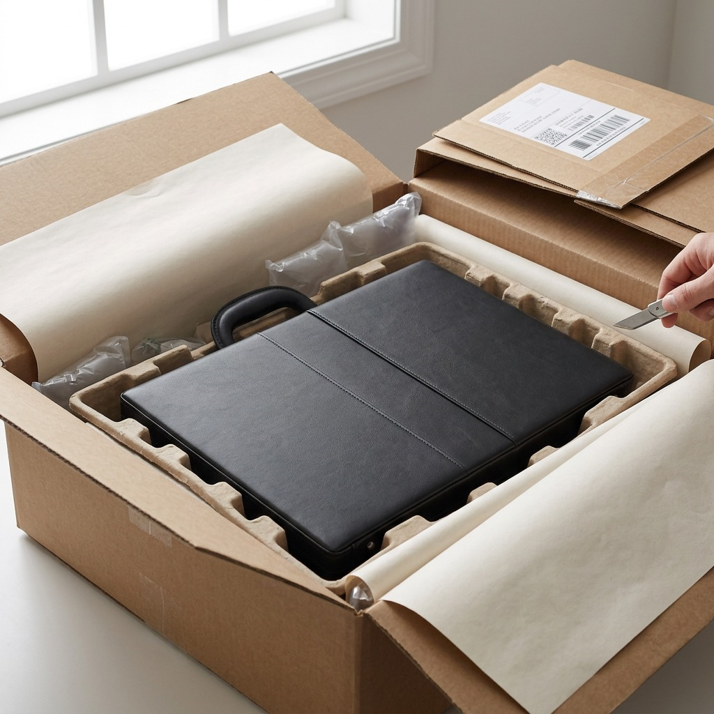 Unboxing a Bugatti Jeffrey 15.6" Attaché Case, securely packed with protective shipping materials in a box.