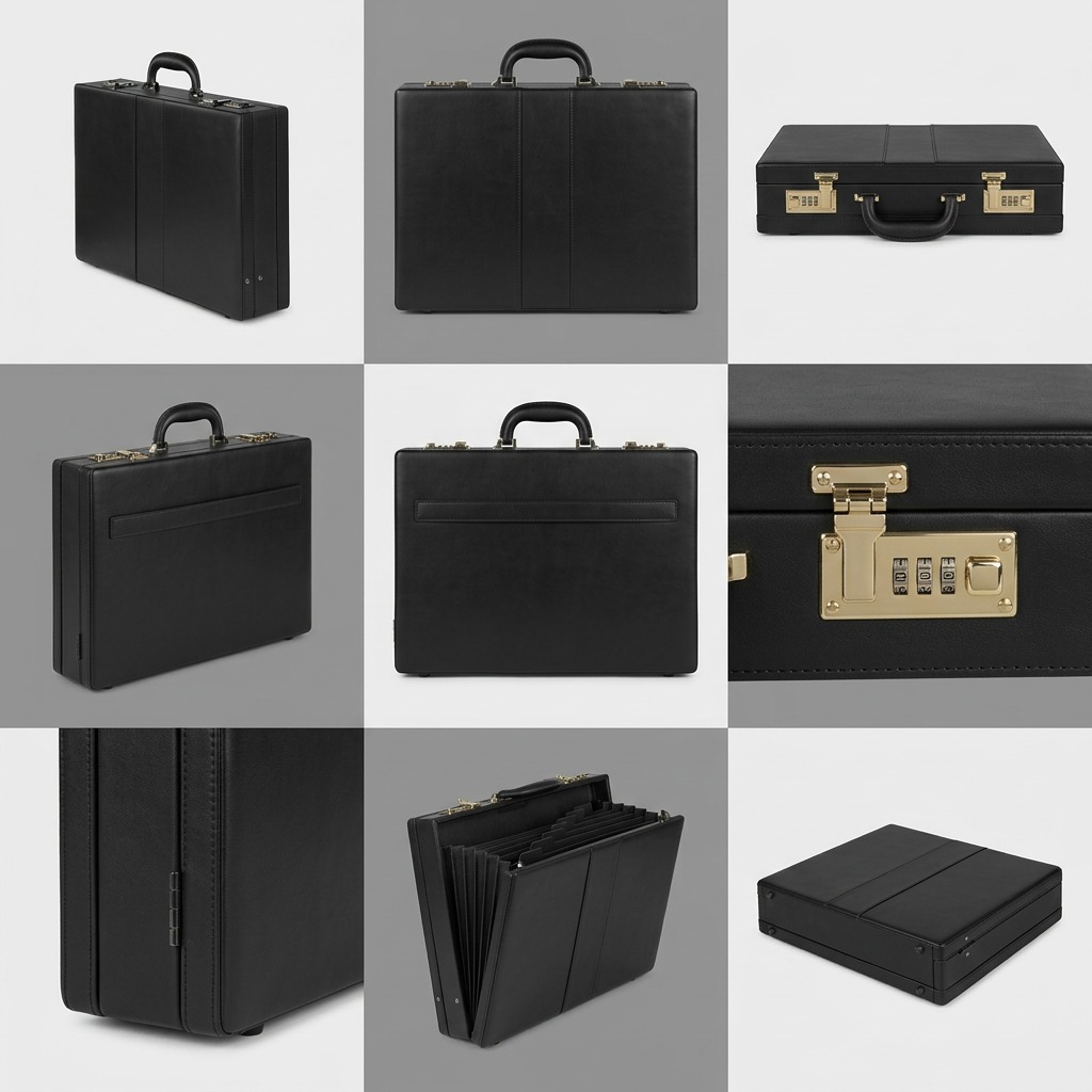 A 9-panel grid showing the Bugatti Jeffrey 15.6 inch Attaché Case from various angles, including the combination locks and interior organizers.