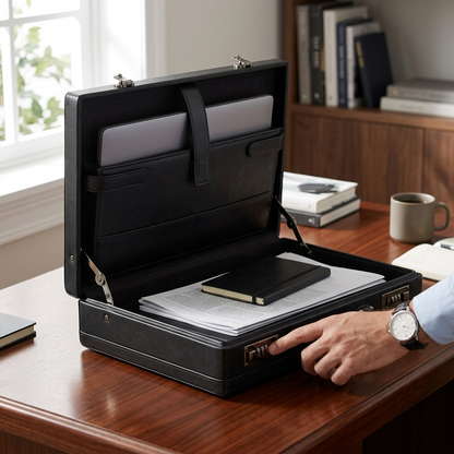 A Bugatti Jeffrey black leather attaché case sits open on a wooden desk, holding a laptop and papers.