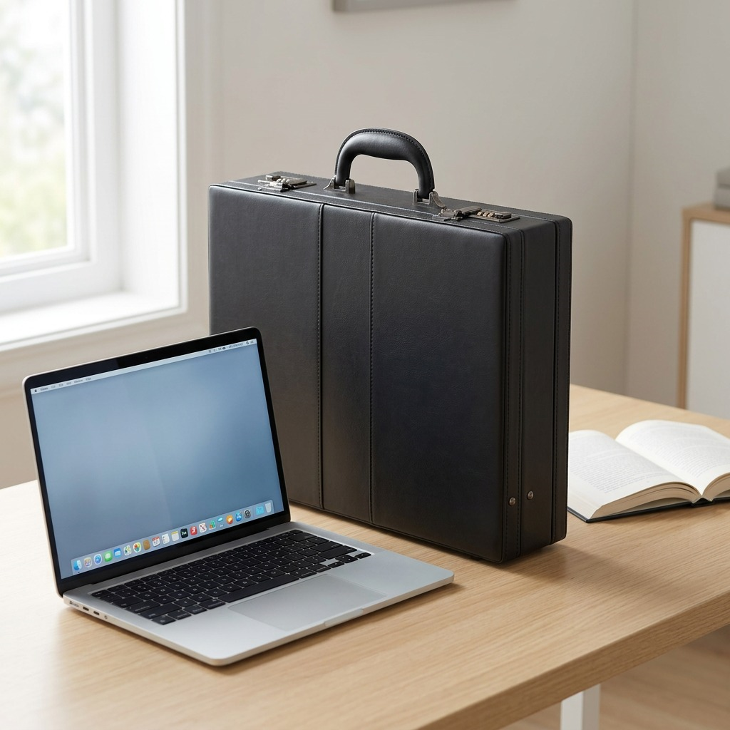 Black Bugatti Jeffrey attaché case standing on a wooden desk next to a laptop for scale reference.