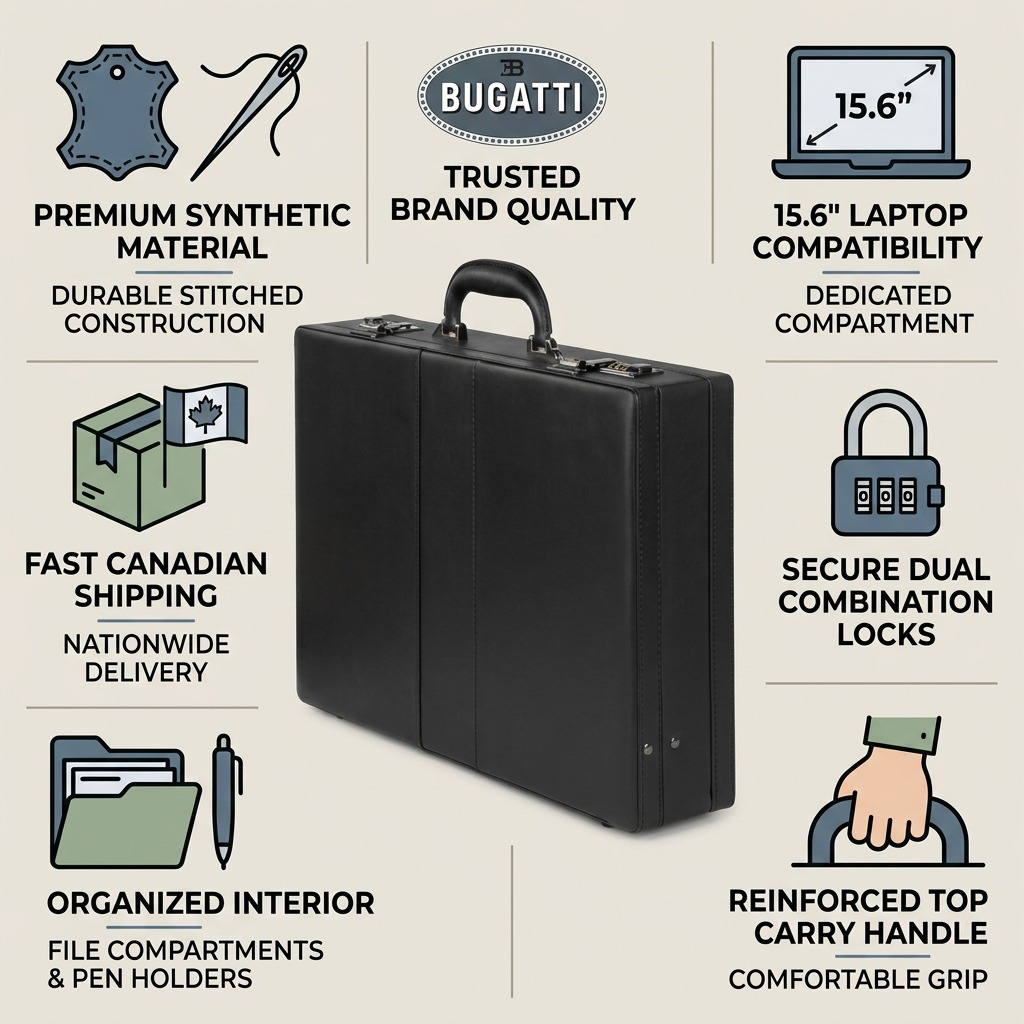 Bugatti Jeffrey 15.6 inch attaché case featuring secure dual locks and premium synthetic material.