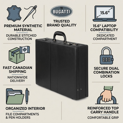 Bugatti Jeffrey 15.6 inch attaché case featuring secure dual locks and premium synthetic material.