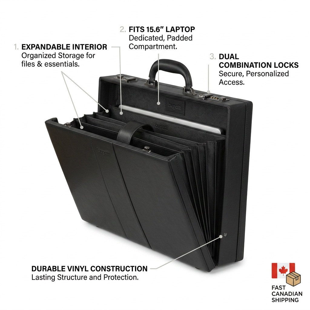 Bugatti Jeffrey attaché case diagram showing laptop pocket, expandable interior, and dual locks.