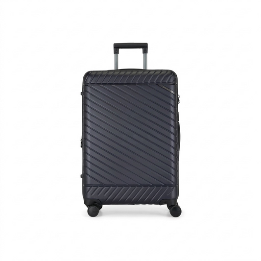 Bugatti Oslo 24-inch navy blue hardside spinner luggage with textured diagonal ridges and handle.