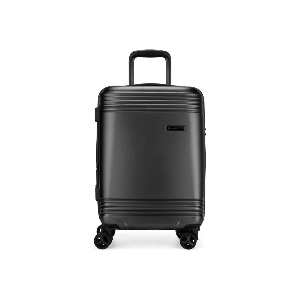 Front view of charcoal Bugatti Nashville carry-on luggage with hardshell exterior and spinner wheels.