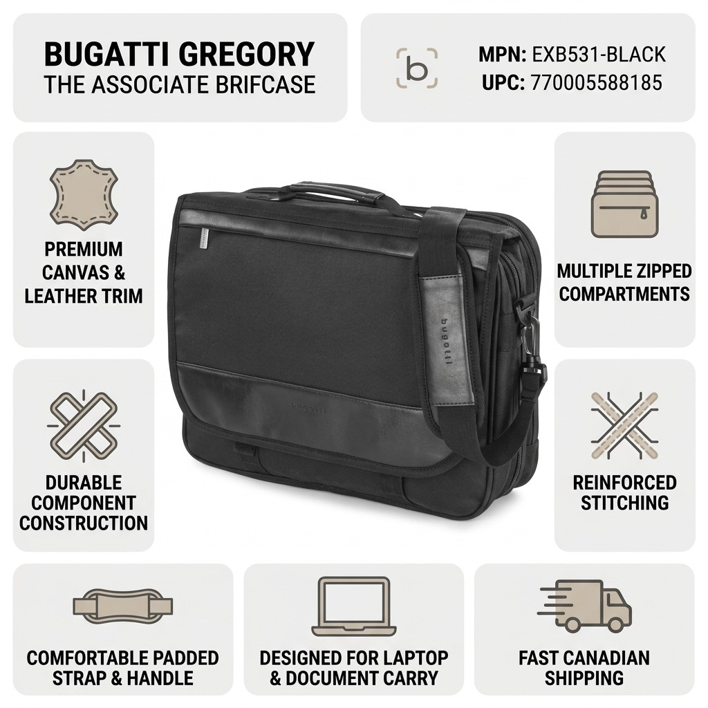 Bugatti Gregory Briefcase infographic highlighting premium canvas, leather trim, and laptop storage.
