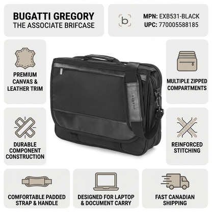 Bugatti Gregory Briefcase infographic highlighting premium canvas, leather trim, and laptop storage.