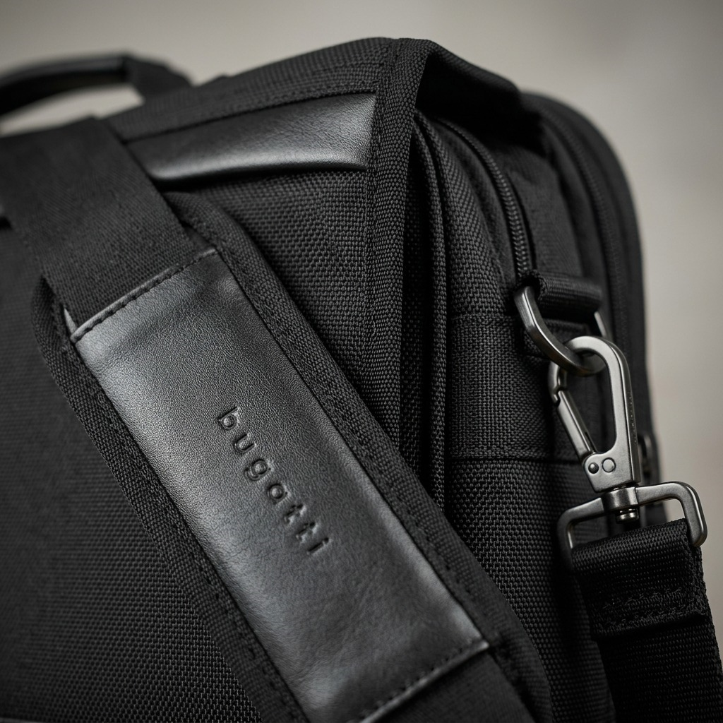 Macro detail of Bugatti Gregory Briefcase showing the embossed logo, vegan leather, and metal clip.