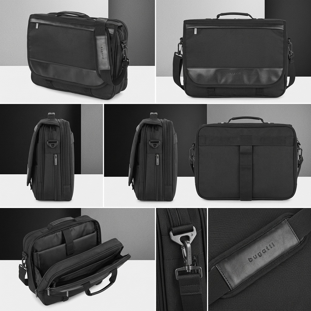 Matrix of the black Bugatti Gregory Briefcase showing front, side, back, and open compartment views.
