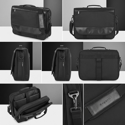 Matrix of the black Bugatti Gregory Briefcase showing front, side, back, and open compartment views.