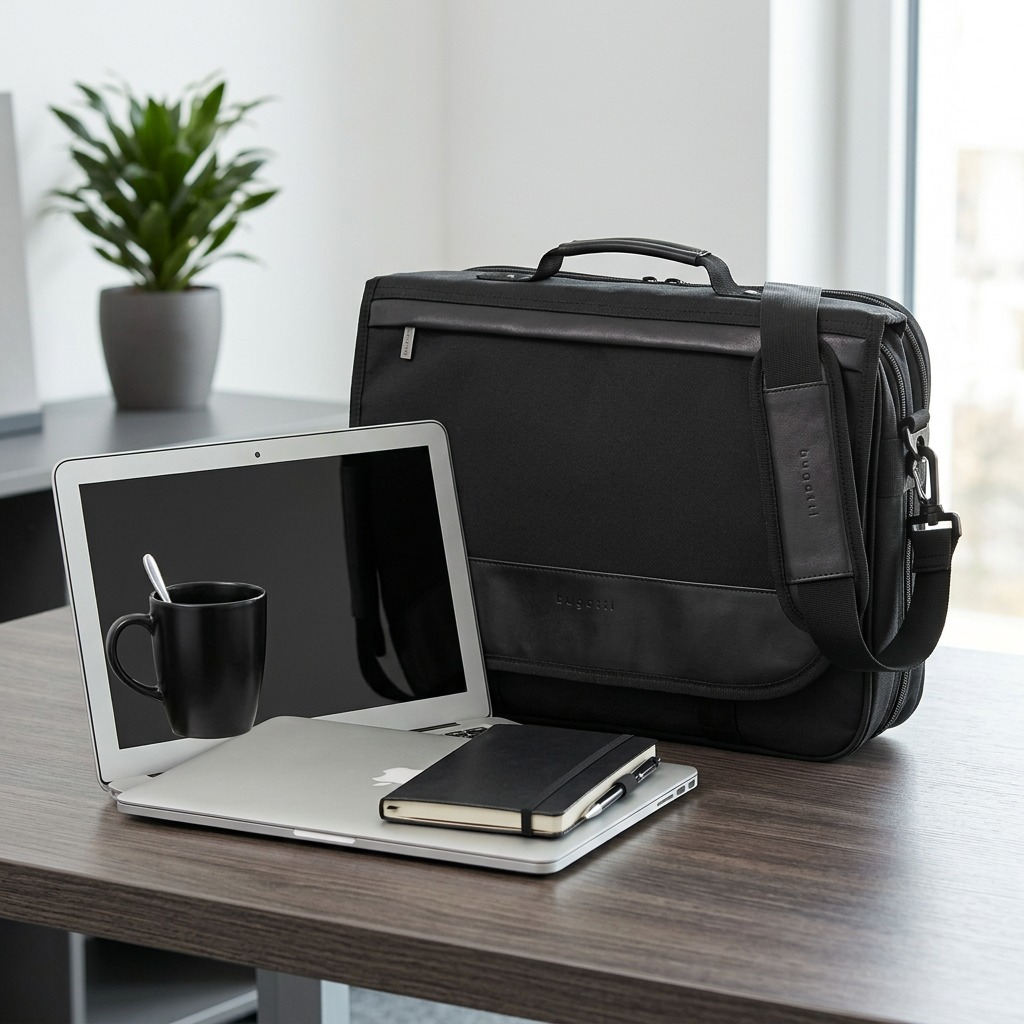 Black Bugatti Gregory briefcase next to a 15-inch laptop and notebook for scale on a wooden desk.