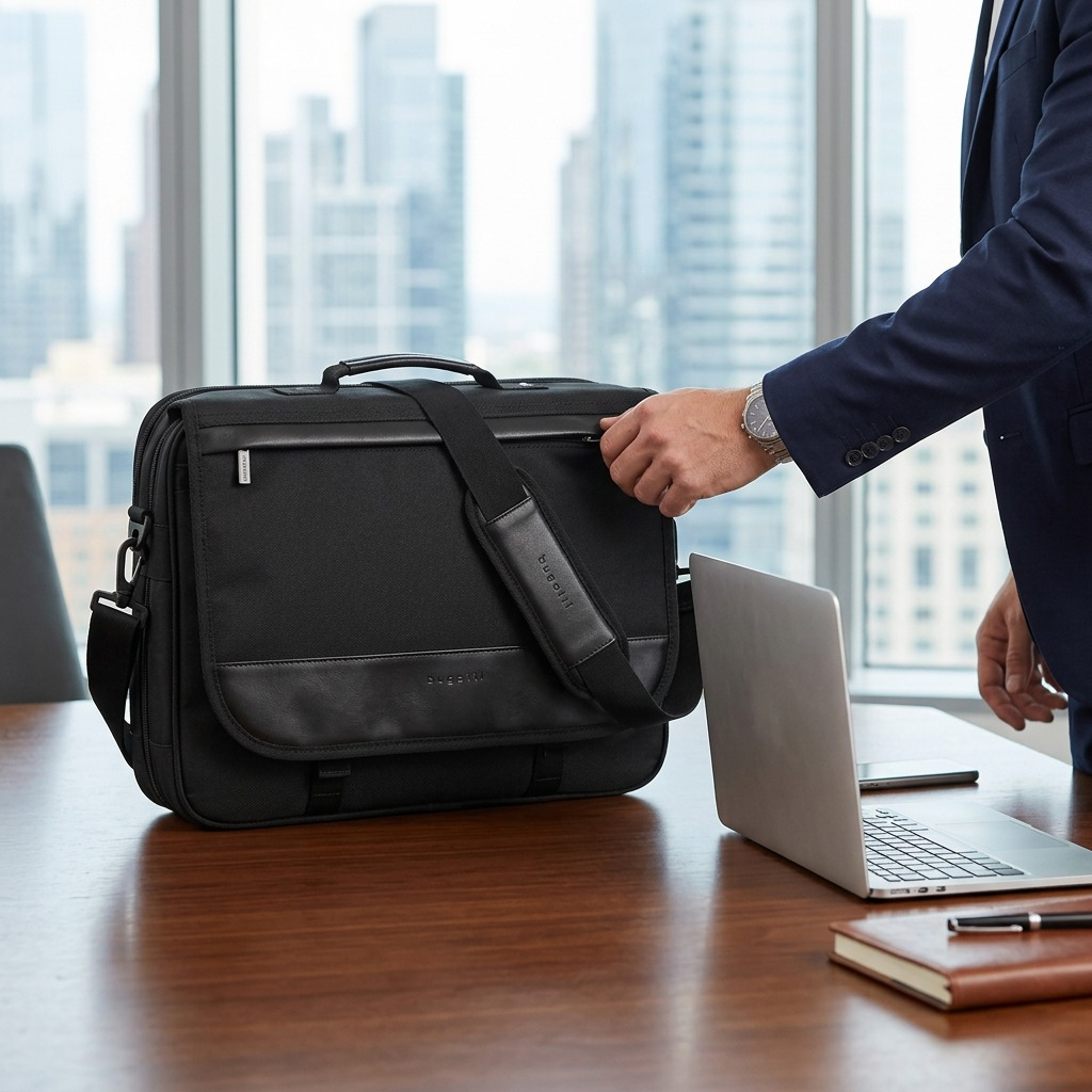 A person in a suit zips a black Bugatti Gregory briefcase on a desk next to a laptop in an office.