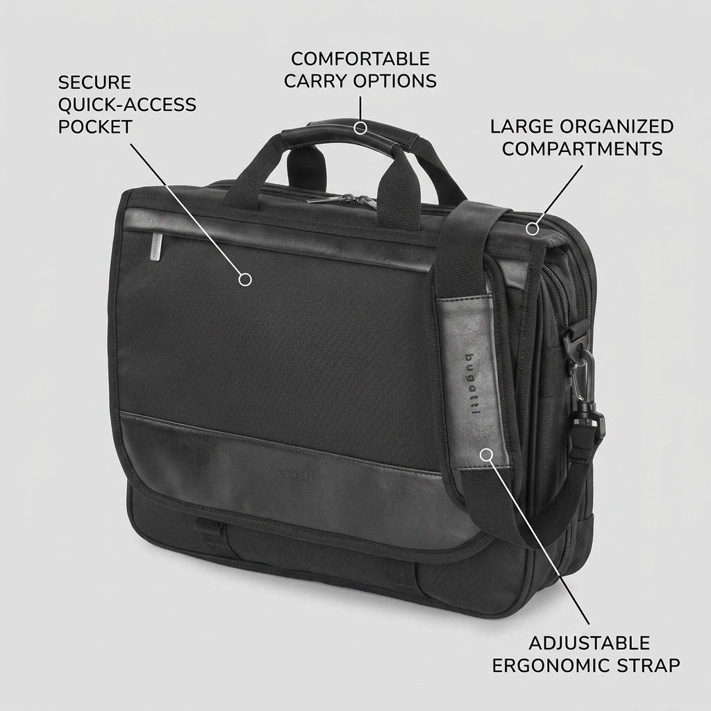 Black Bugatti Gregory Briefcase with callouts for pockets, carry handles, and ergonomic strap.