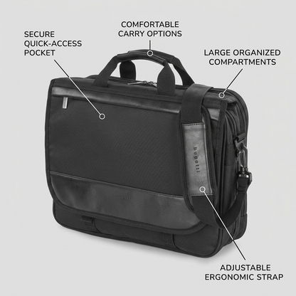 Black Bugatti Gregory Briefcase with callouts for pockets, carry handles, and ergonomic strap.