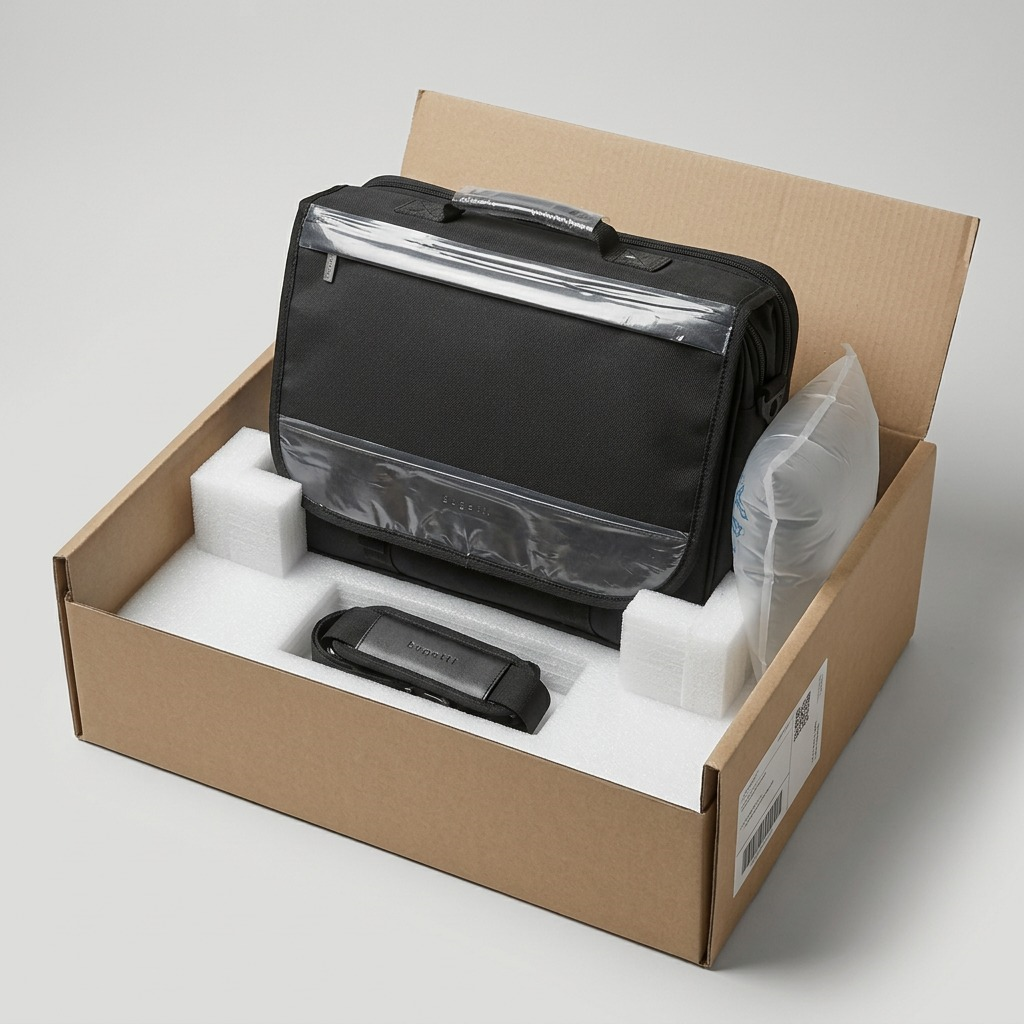 Bugatti Gregory Briefcase inside a shipping box with protective foam and air cushions for delivery.