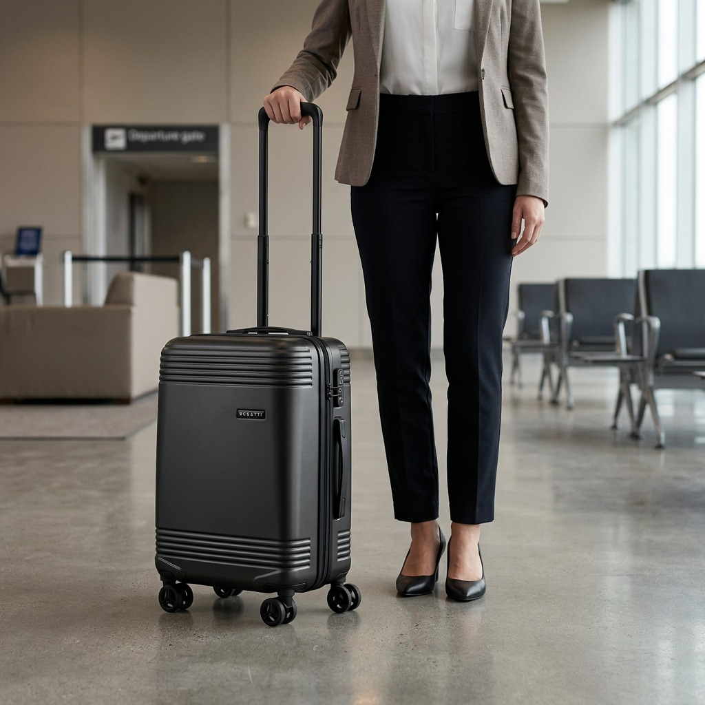 A charcoal Bugatti Nashville carry-on suitcase standing next to a traveler in an airport terminal.