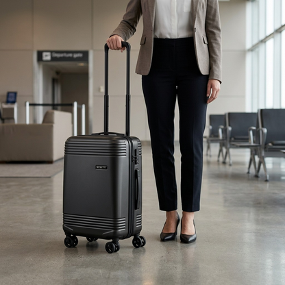 A charcoal Bugatti Nashville carry-on suitcase standing next to a traveler in an airport terminal.