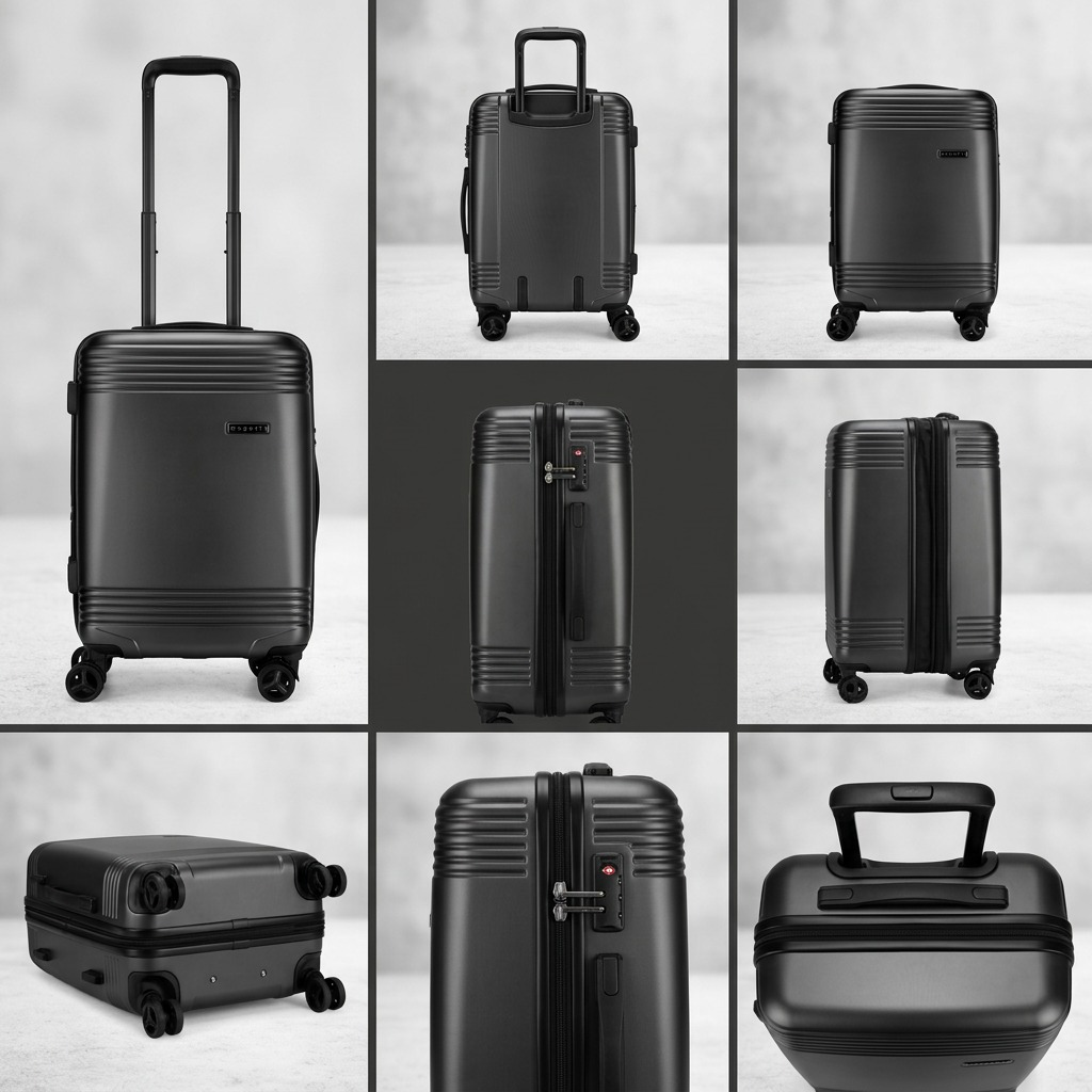 Grid showing the charcoal Bugatti Nashville carry-on from multiple angles, including wheels and TSA lock.