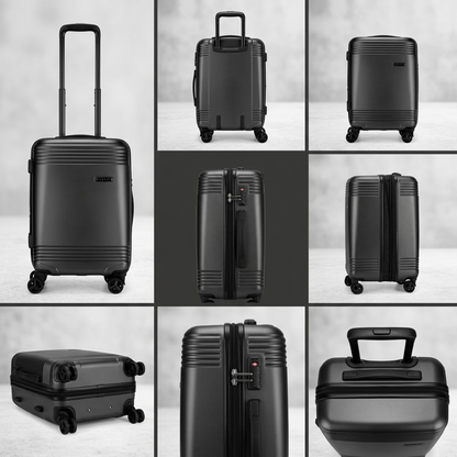 Grid showing the charcoal Bugatti Nashville carry-on from multiple angles, including wheels and TSA lock.