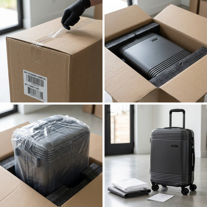 Bugatti Nashville Carry-on unboxing sequence showing protective foam, plastic wrap, and the charcoal suitcase.